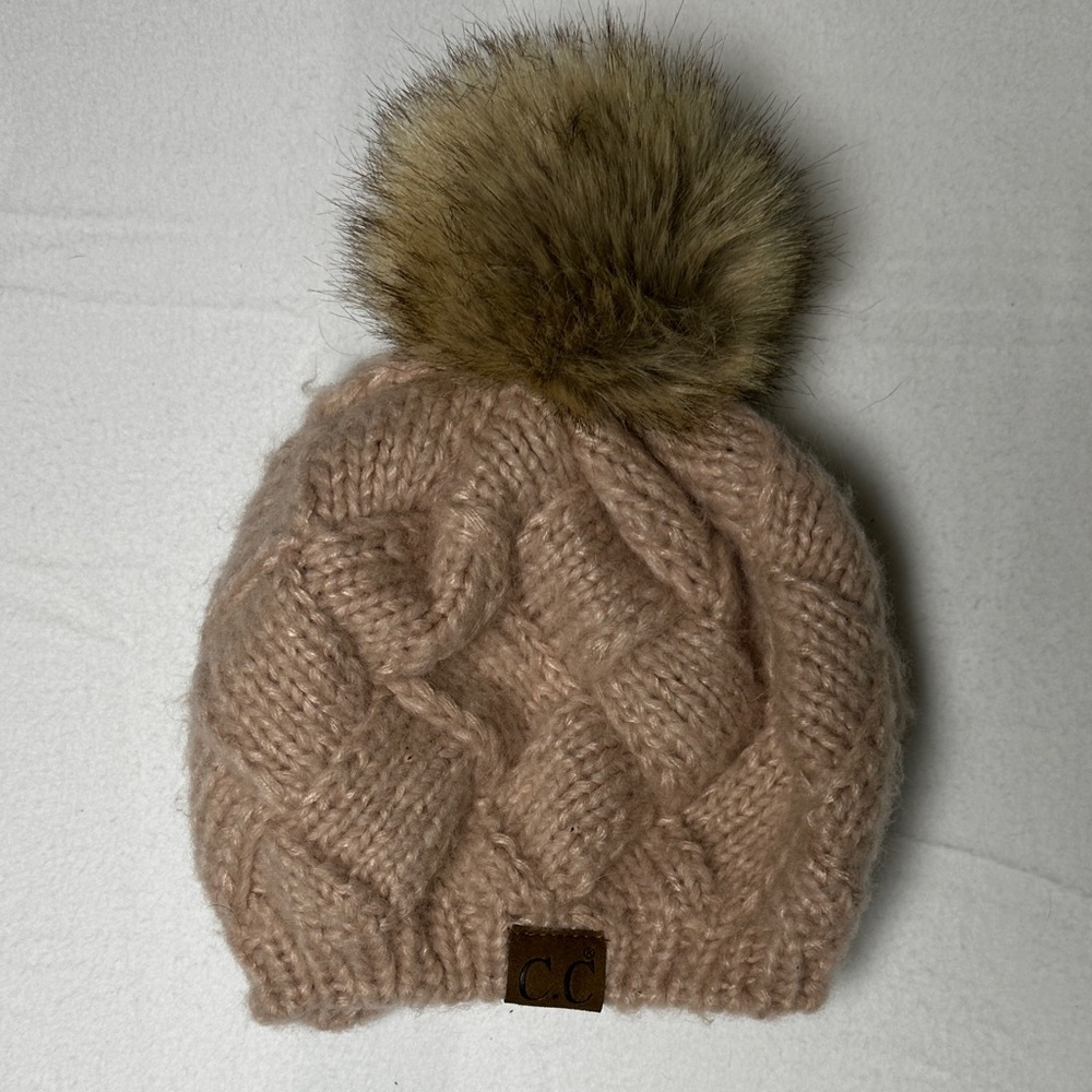 CC Cable Knit Rose Beanie Beret with Faux Fur Pom